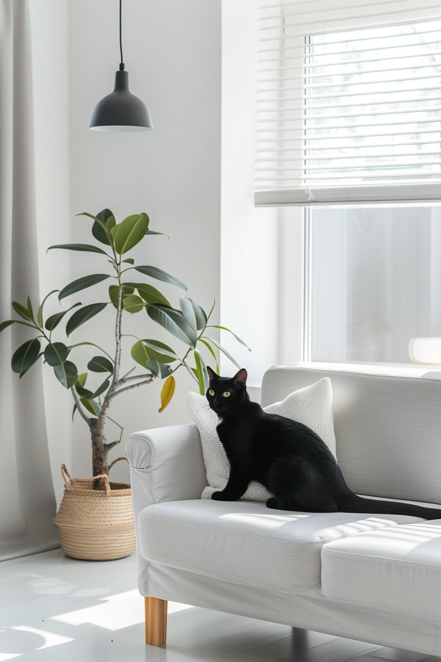 Modern interior featuring sleek furniture and a black cat