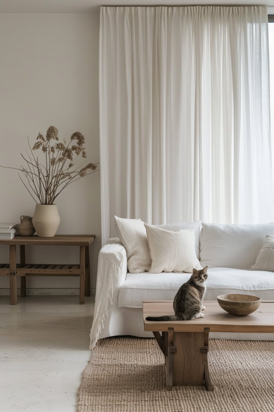Minimalist cat decor in neutral tones with soft lighting