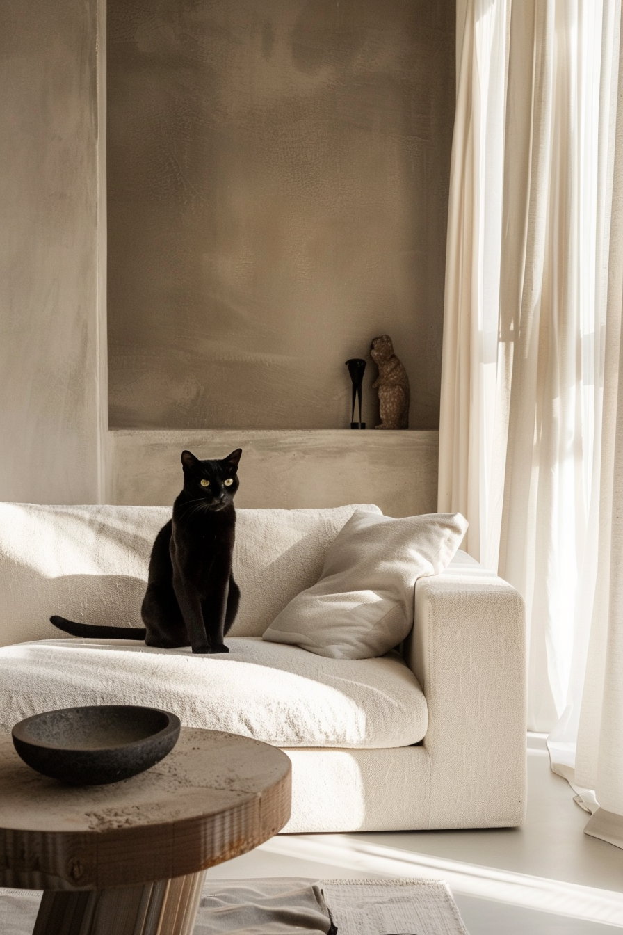 Minimalist cat decor in neutral tones with soft lighting
