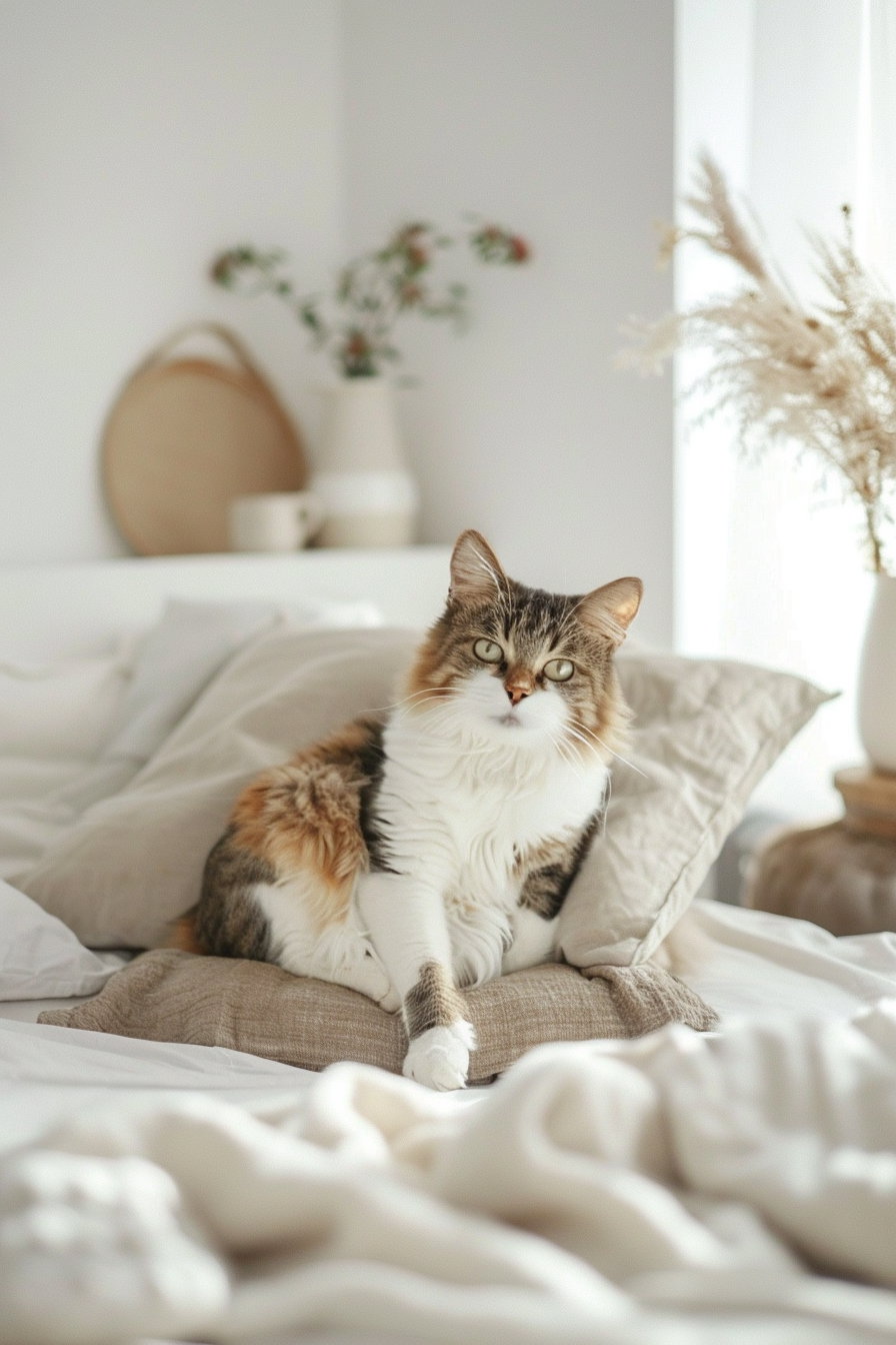 Minimalist cat decor in elegant neutral-toned interior design