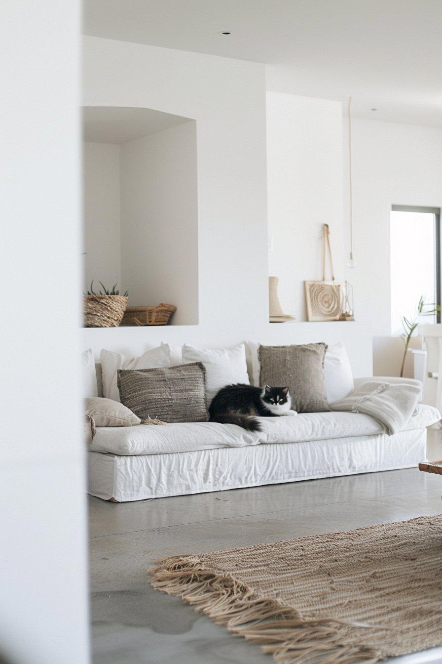 Modern cat decor in minimalistic white interior with natural light