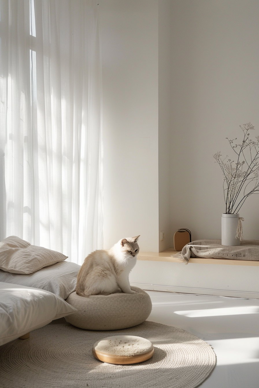 Modern cat decor in minimalistic white interior with soft lighting