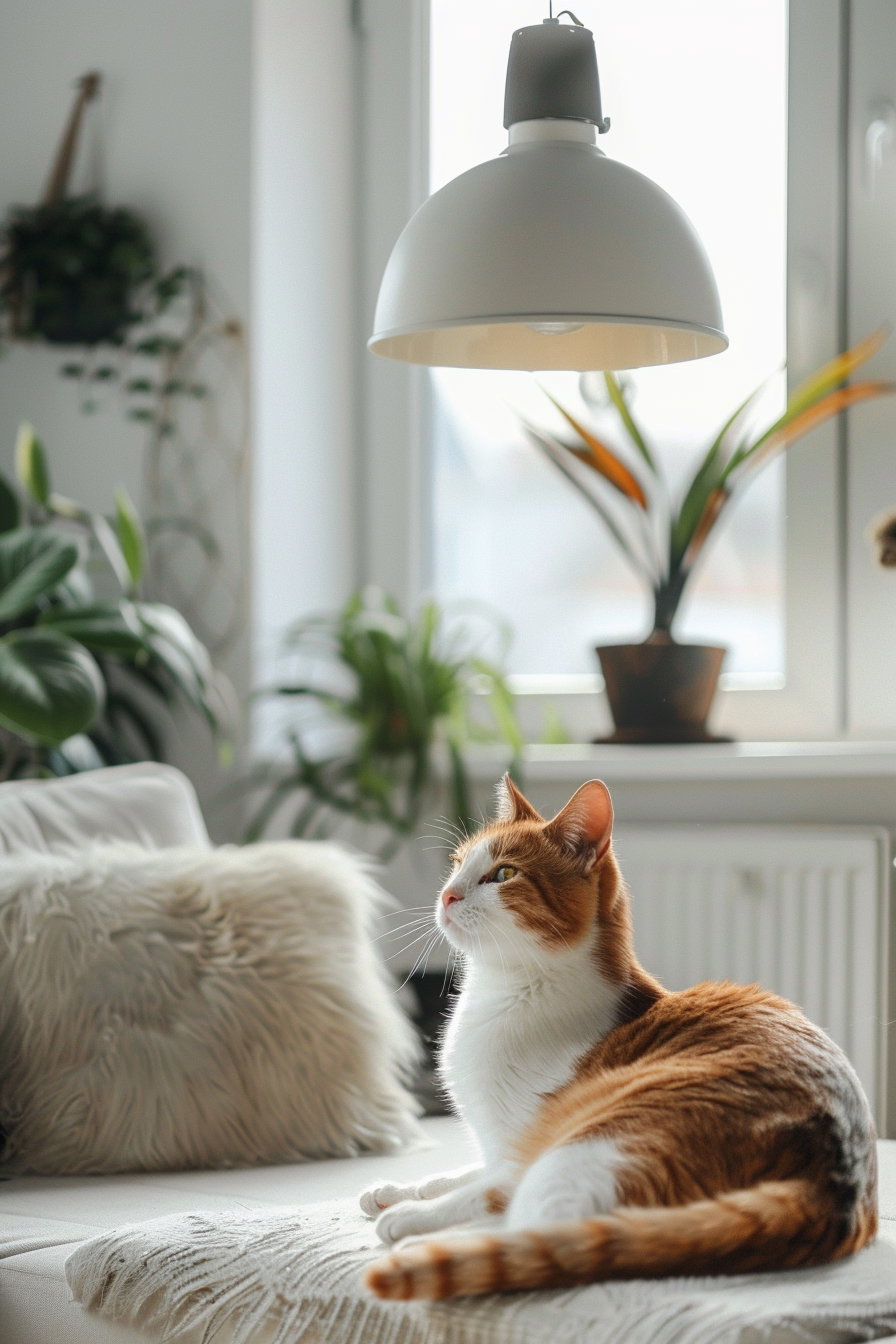 Modern cat decor in minimalistic white interior with soft lighting