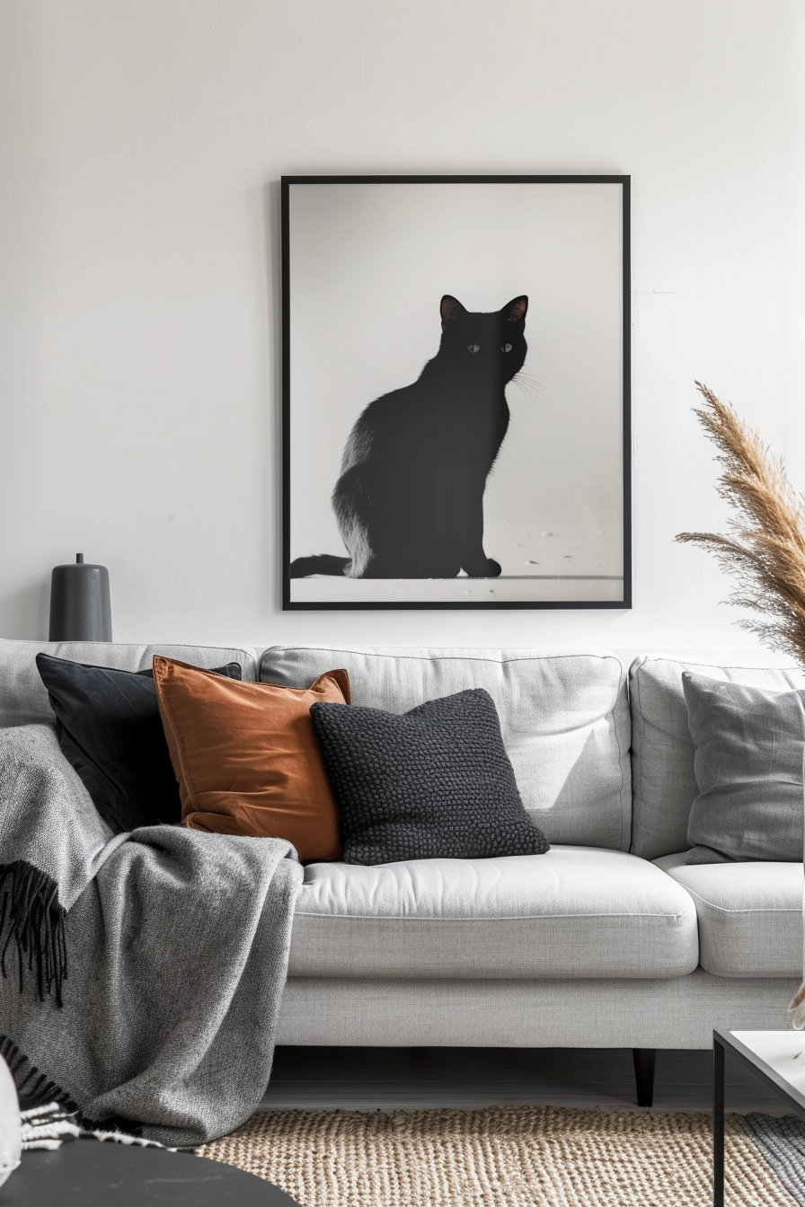 Modern cat wall art above sofa in minimalist living room