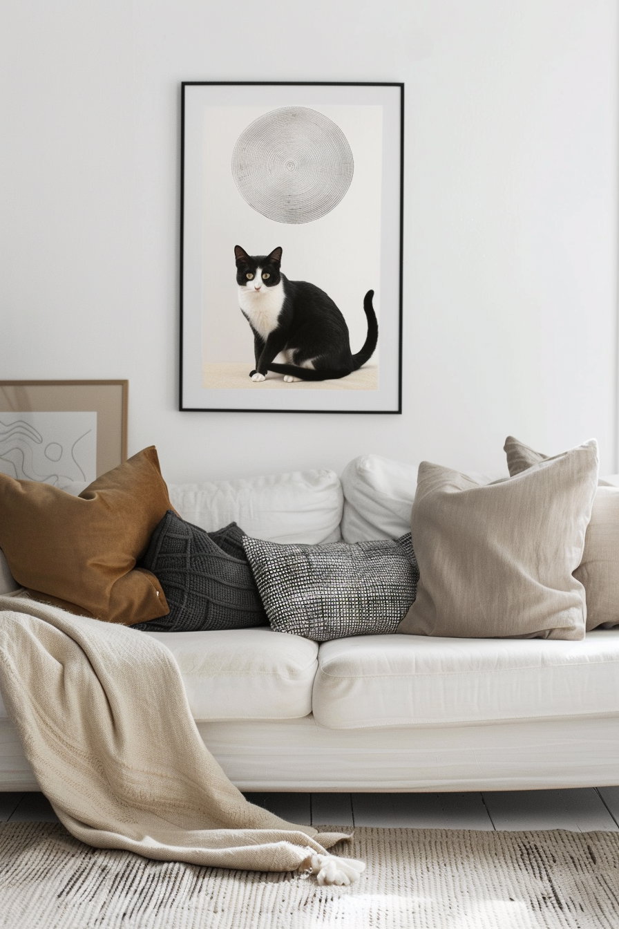 Modern cat wall art above sofa in minimalist living room