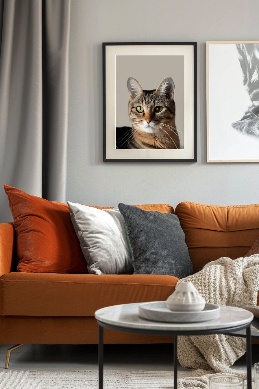 Modern cat wall art framed above sofa in minimalist living room