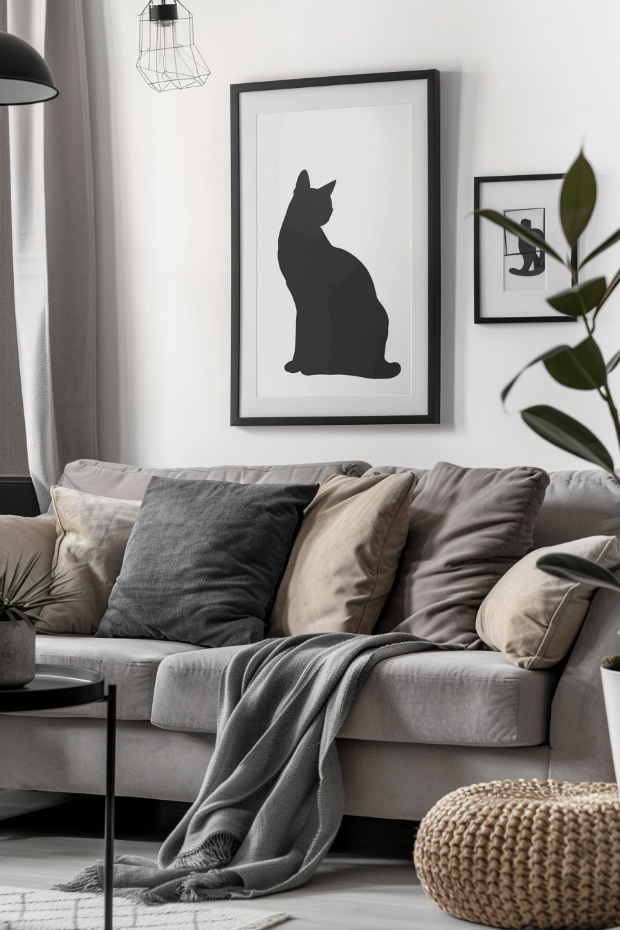Modern cat wall art above sofa in minimalist living room