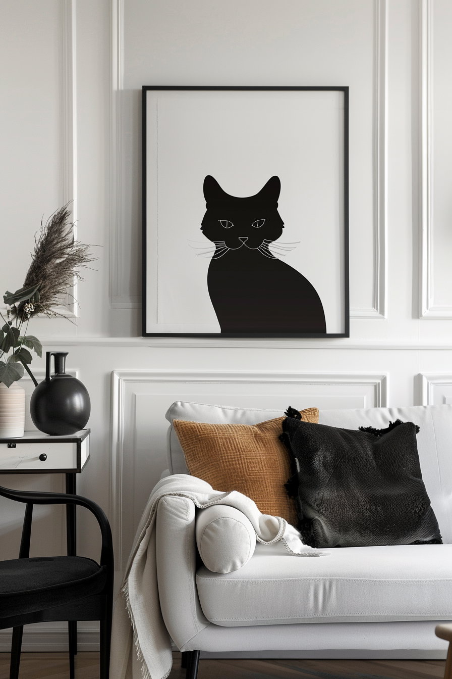 Black cat wall art in modern apartment decor