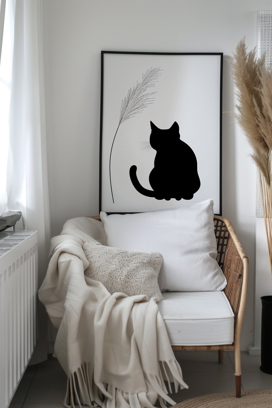 Black cat wall art in modern apartment decor