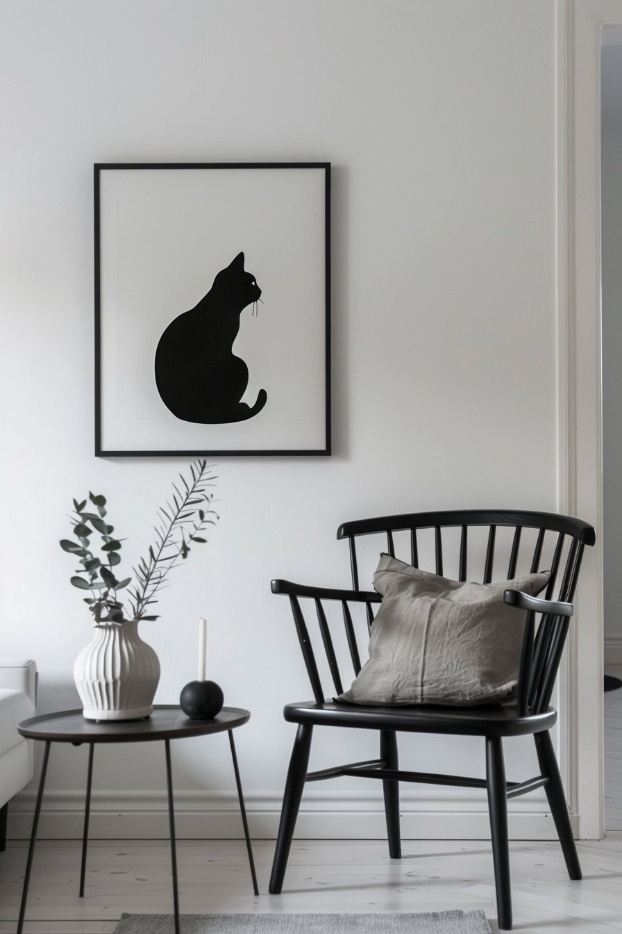 Black cat wall art in modern apartment decor