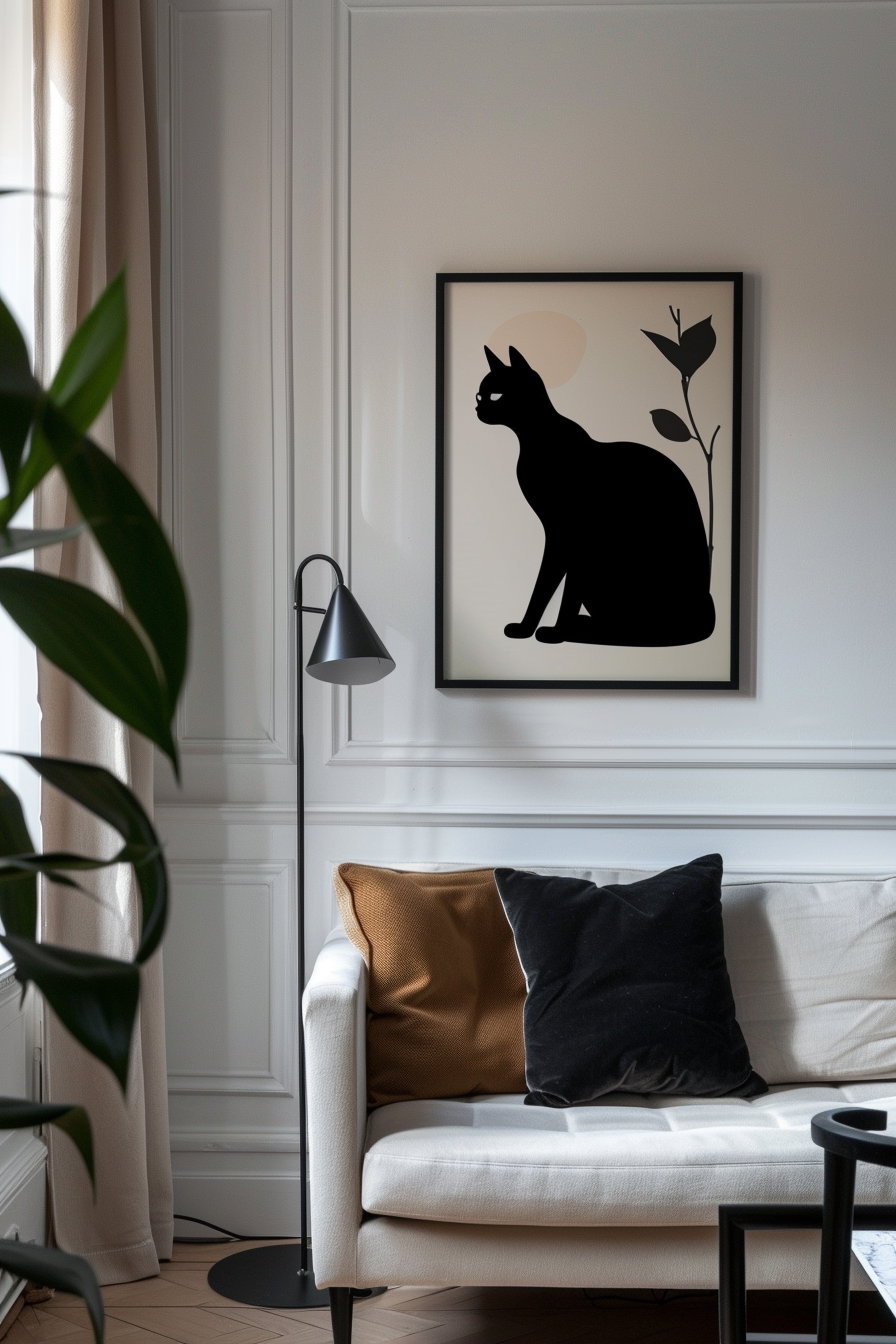 Black cat wall art in modern apartment decor