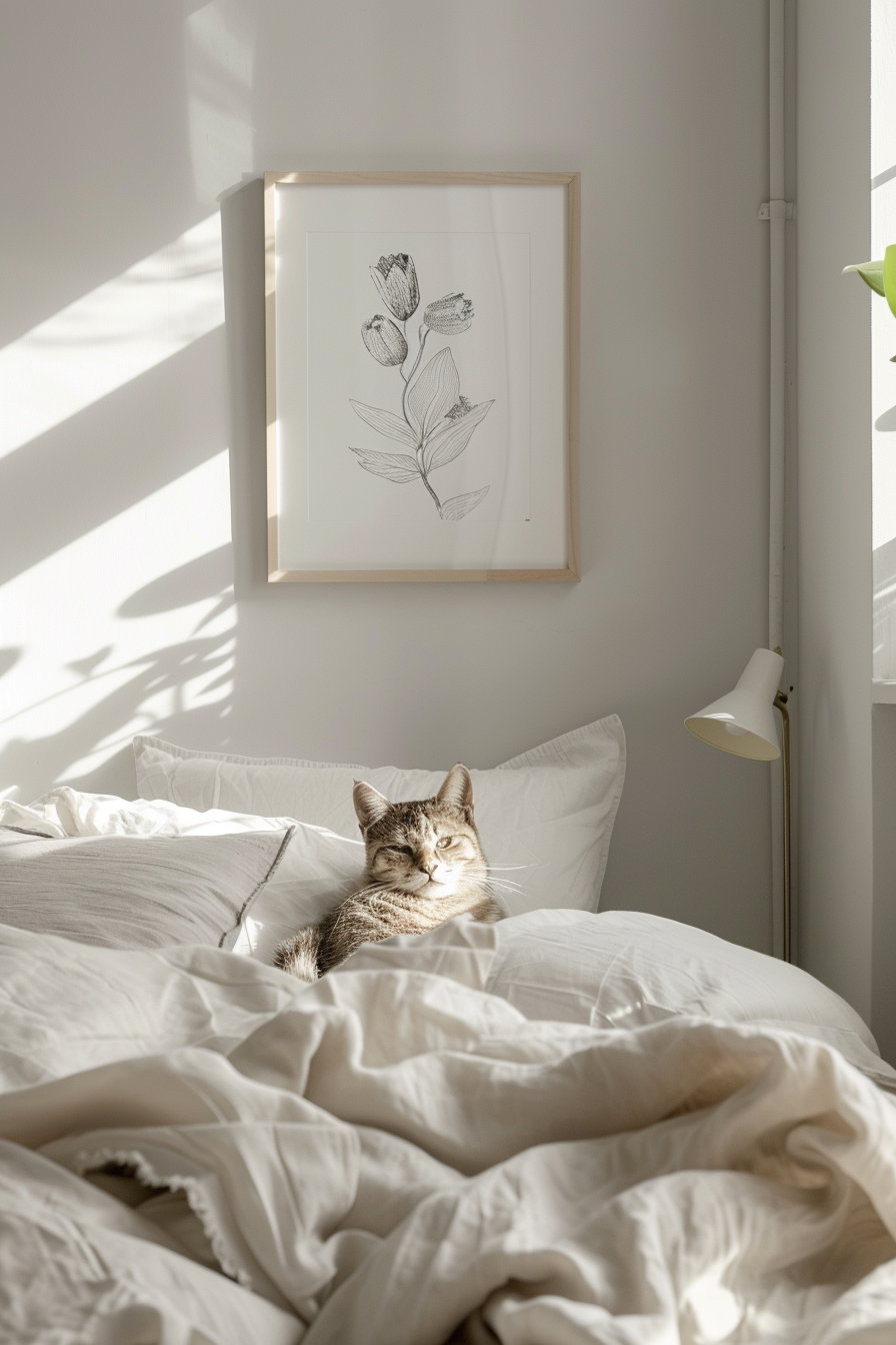 Minimalist cat poster in stylish modern bedroom decor