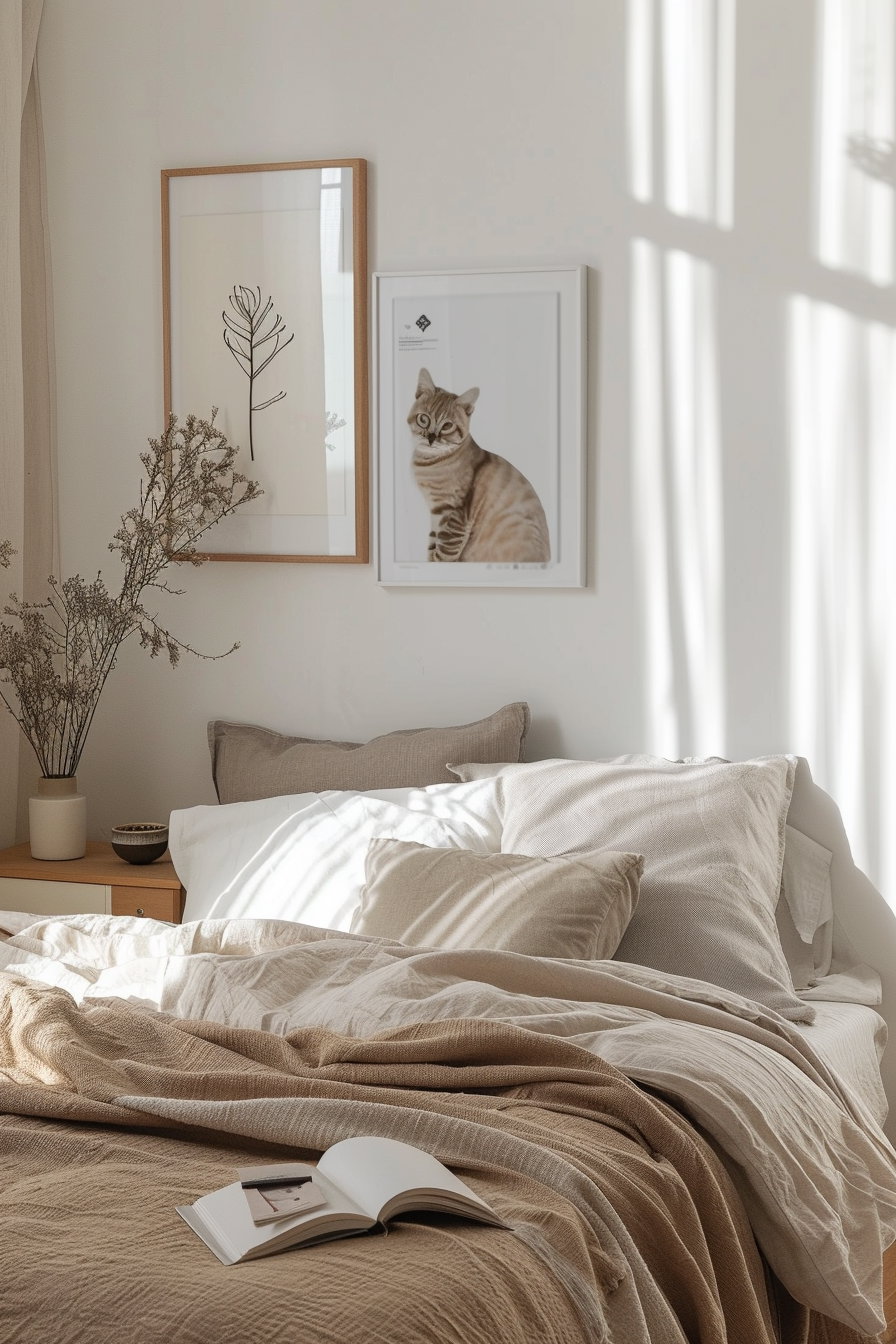 Minimalist cat poster in stylish modern bedroom decor