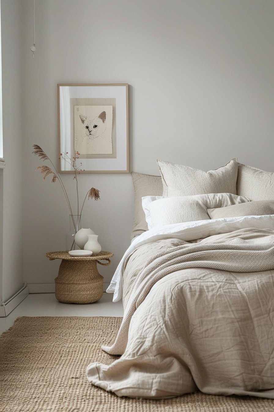 Minimalist cat poster in modern bedroom with neutral colors
