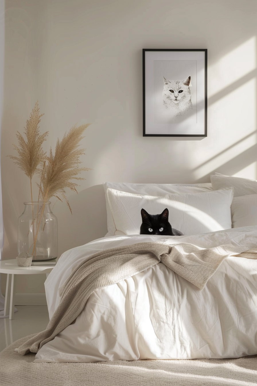 Minimalist cat poster in modern bedroom with neutral tones