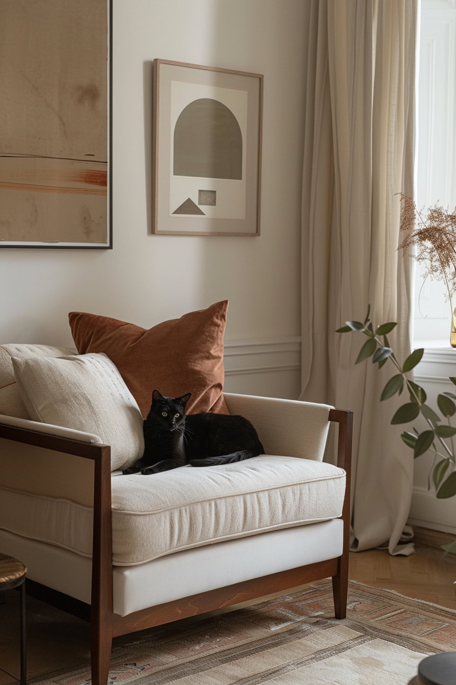 Modern cat decor with framed art and minimal furniture
