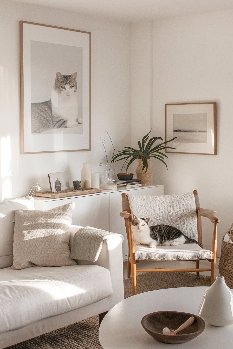 Modern cat decor with framed art and minimalist furniture