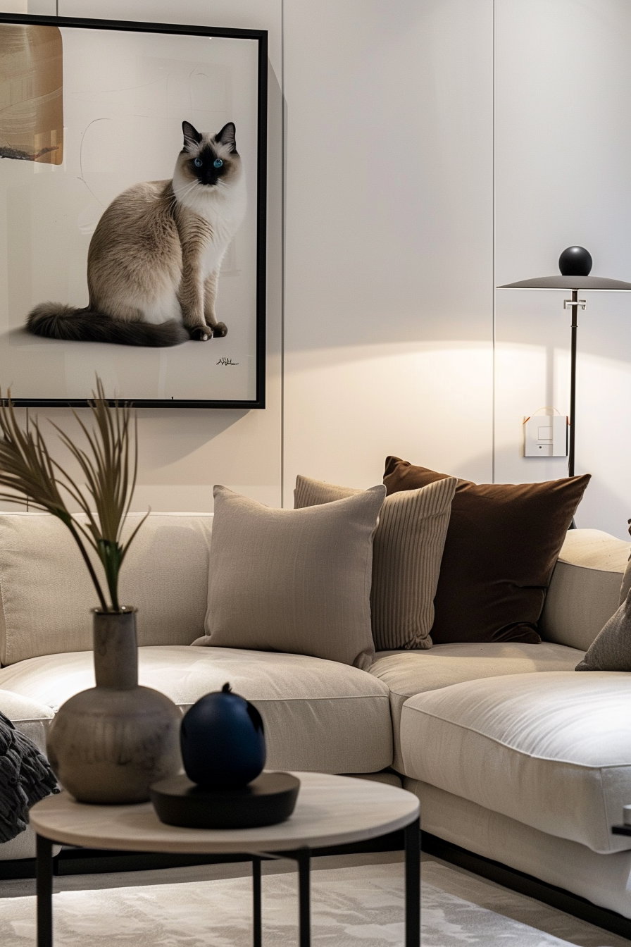 Modern cat decor featuring framed art in a sleek interior