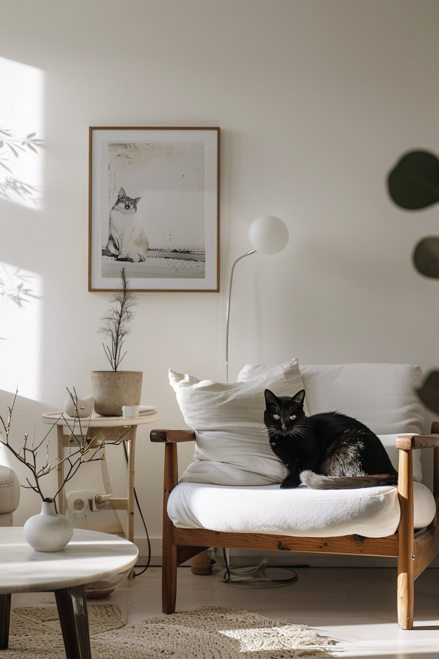 Modern cat decor featuring framed artwork and sleek furniture