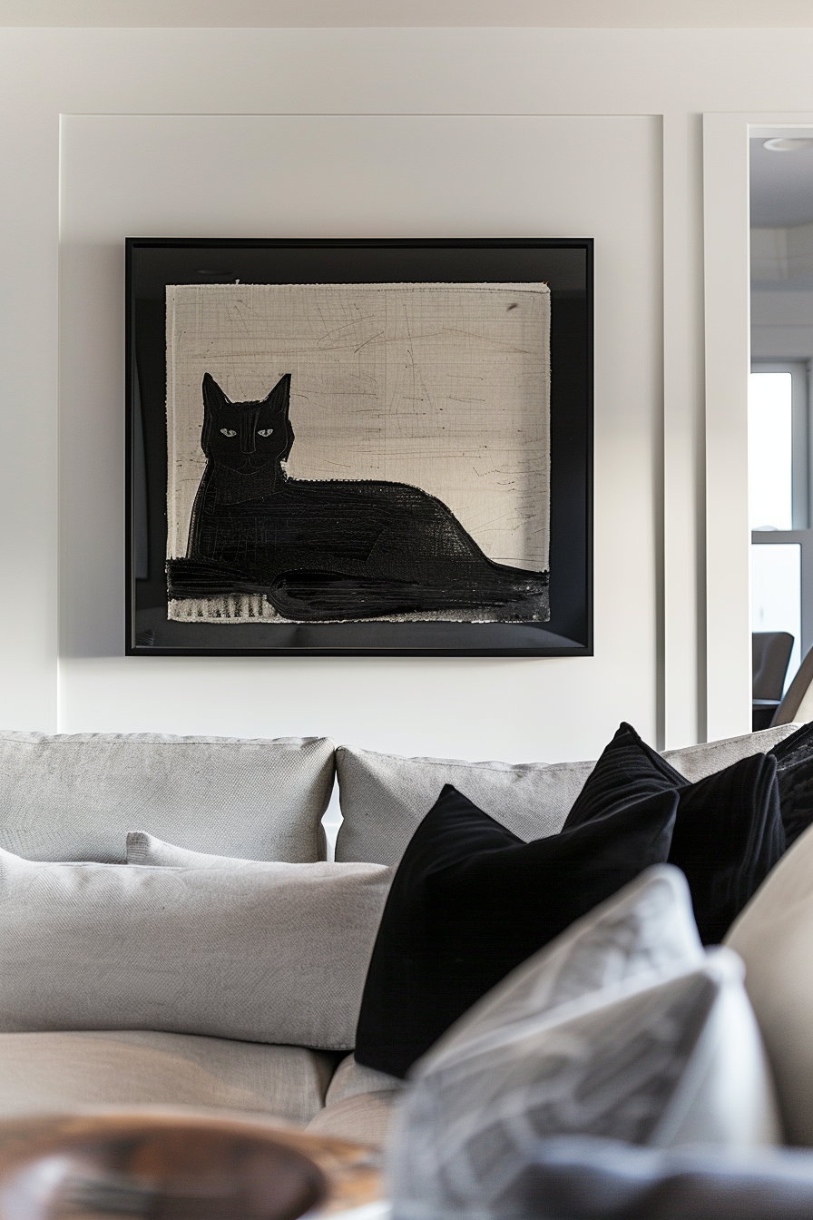 Black cat art in modern living room with soft lighting