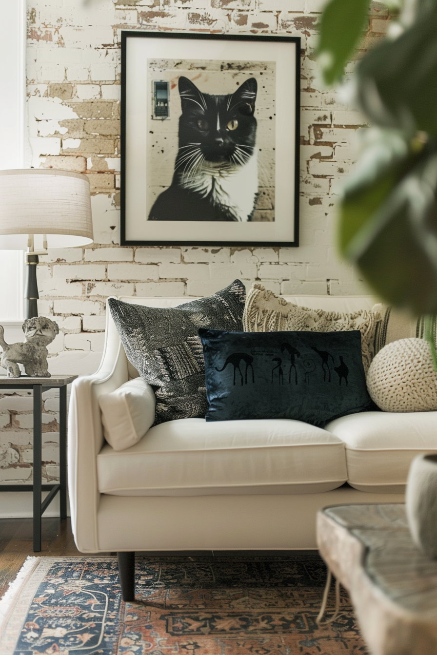 Black cat art in modern living room with soft lighting