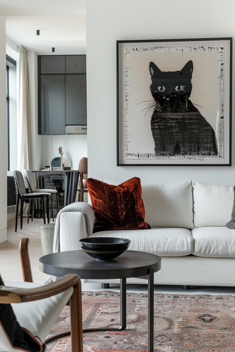 Black cat framed art in modern living room decor