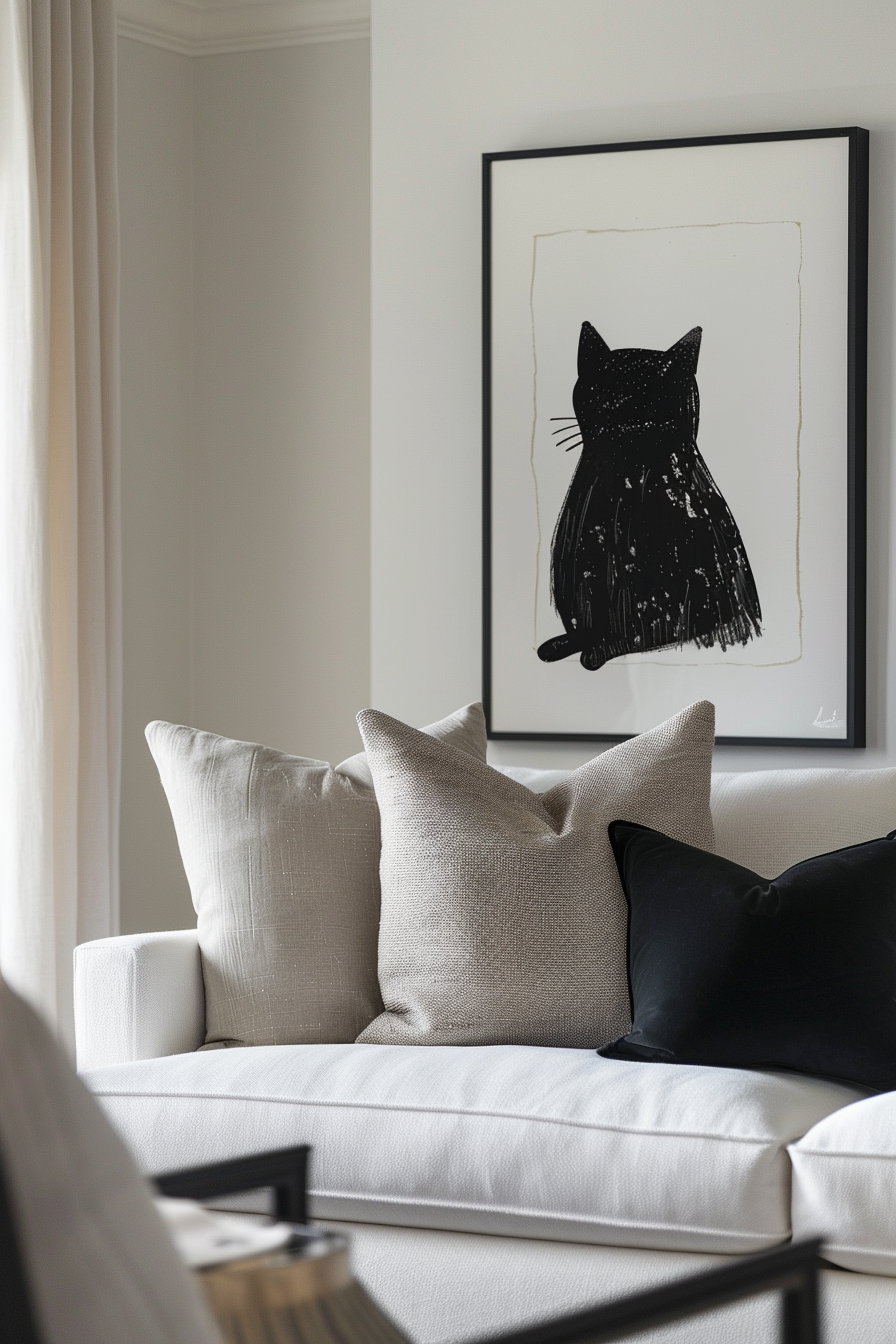 Black cat framed art in modern living room decor
