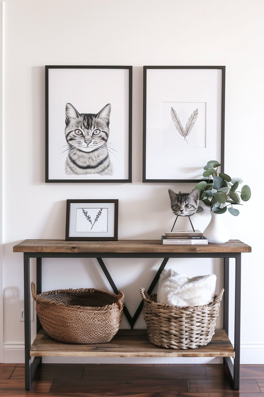 Minimalist cat wall art above modern console table