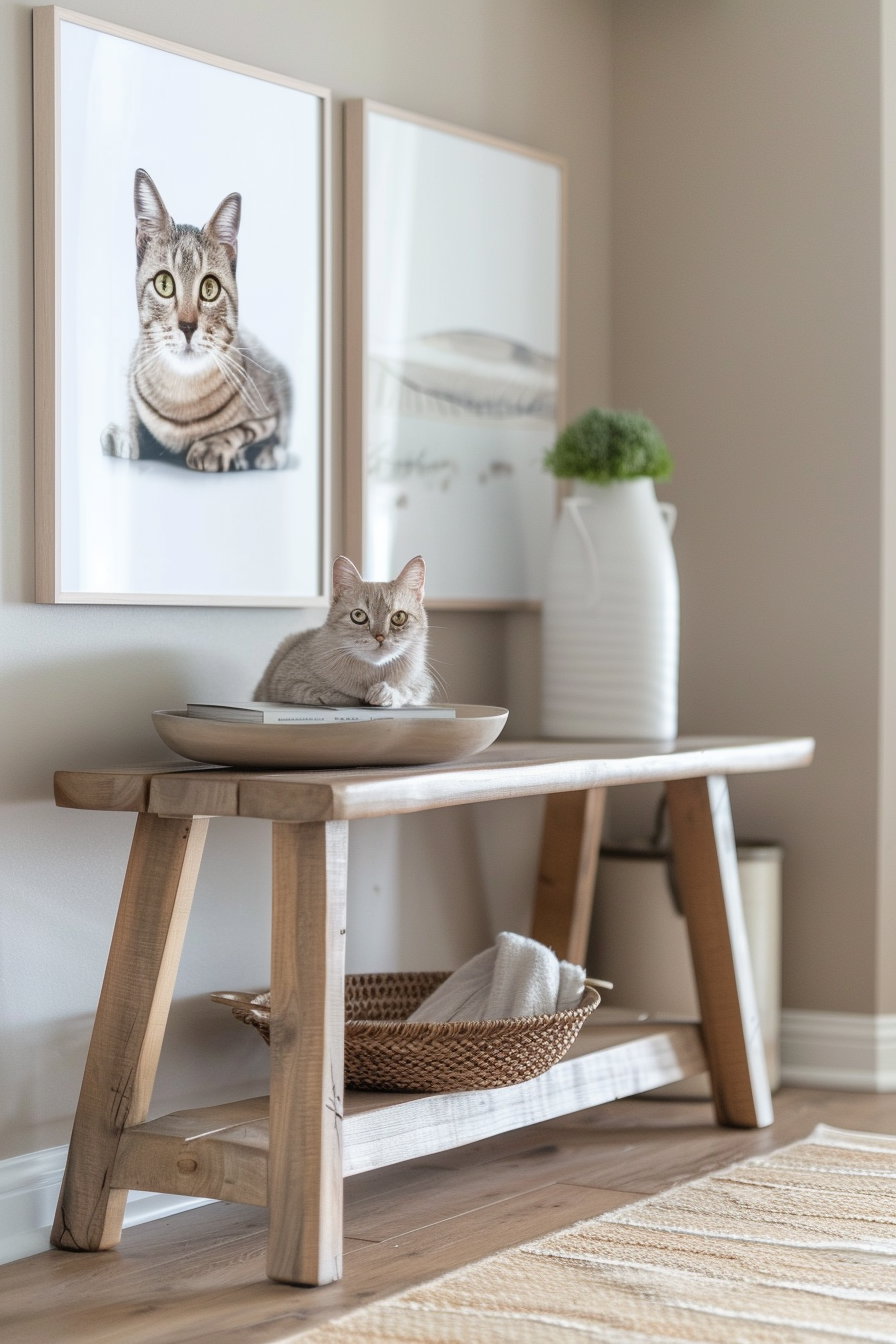 Minimalist cat wall art above modern console table