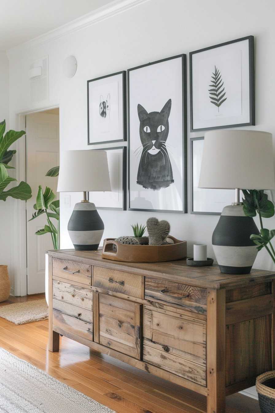 Minimalist cat wall art above sleek console table