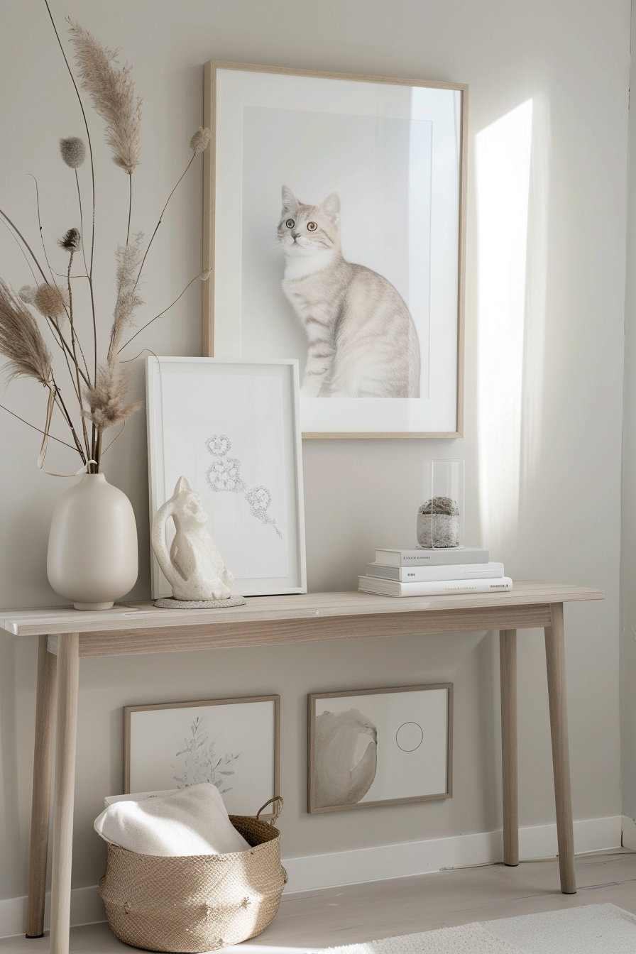 Minimalist cat wall art above sleek console table