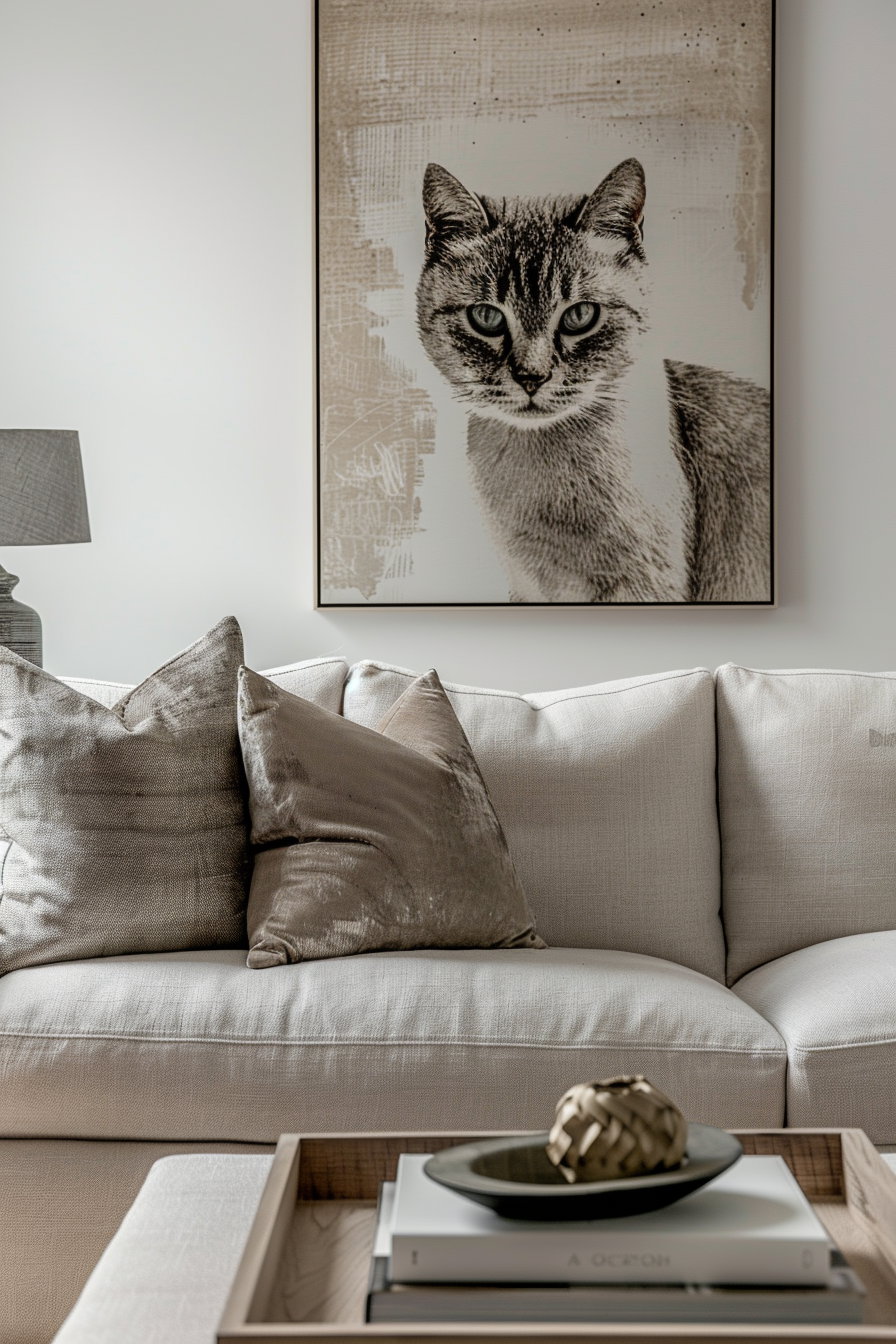 Contemporary interior featuring cat wall art and modern furniture