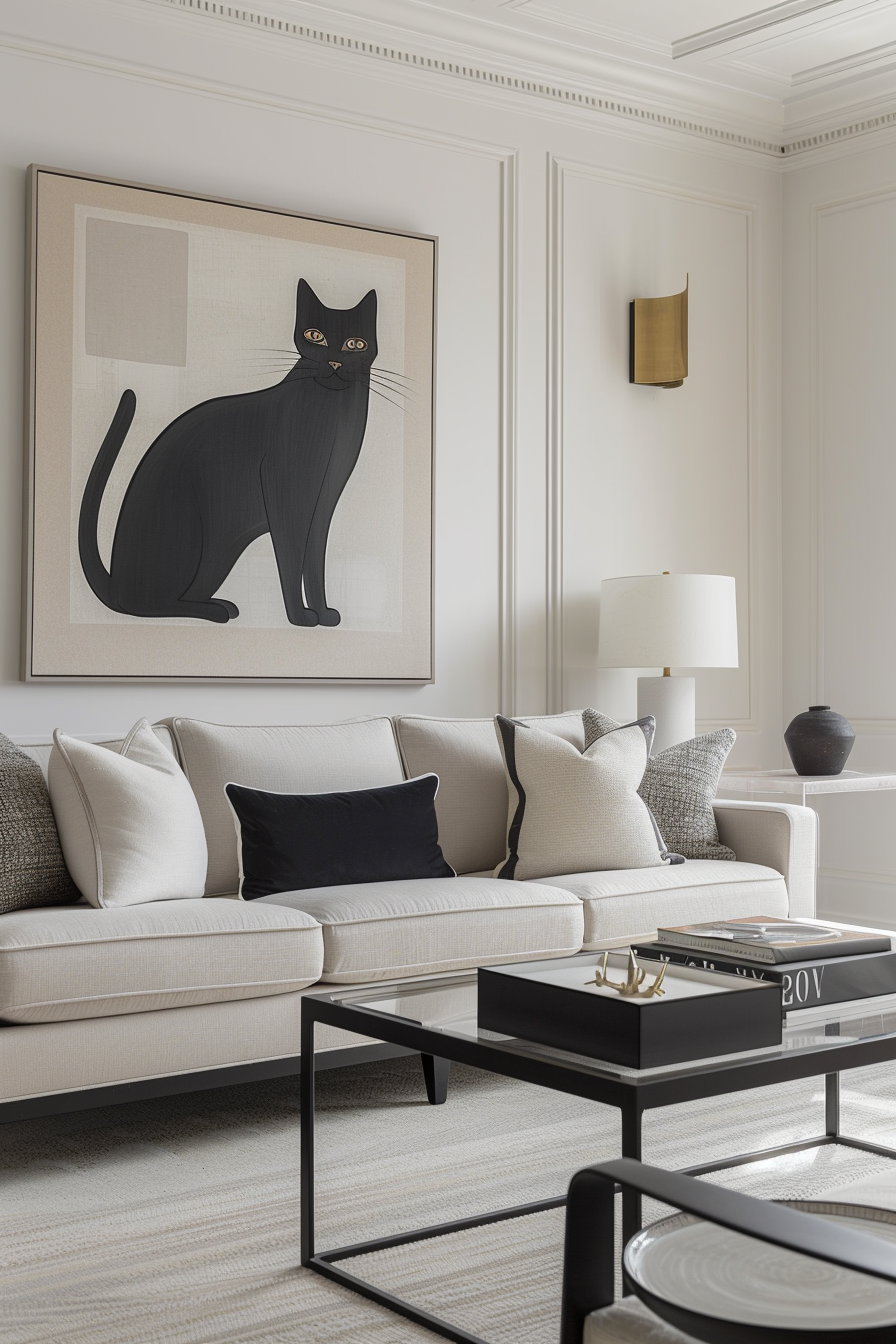 Contemporary cat wall art in modern neutral-toned interior