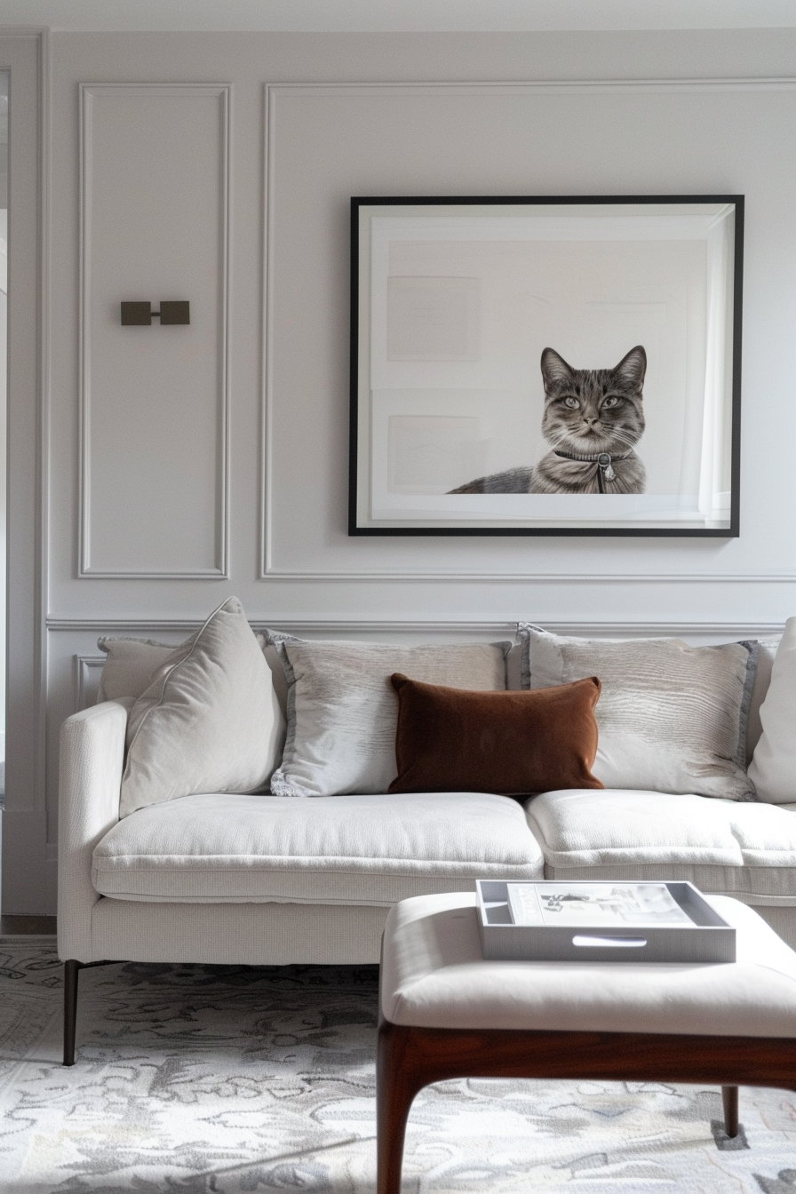Contemporary cat wall art in modern neutral-toned interior