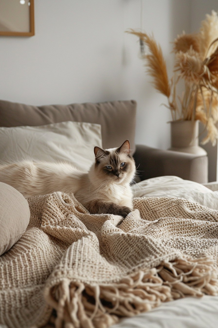 Modern cat decor featuring soft blankets in a cozy interior