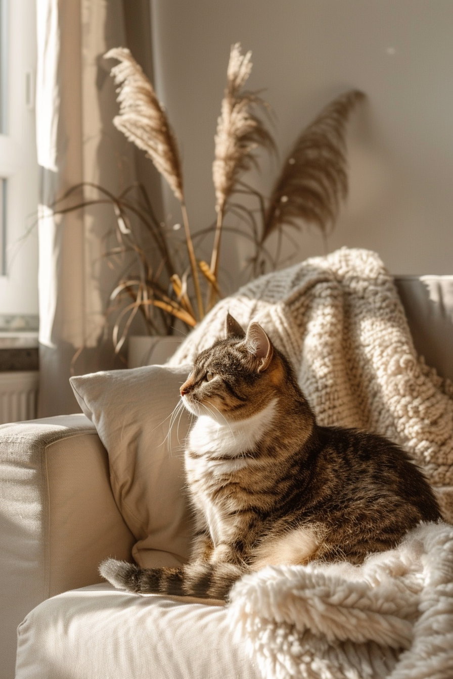 Modern cat decor featuring soft blankets in warm tones