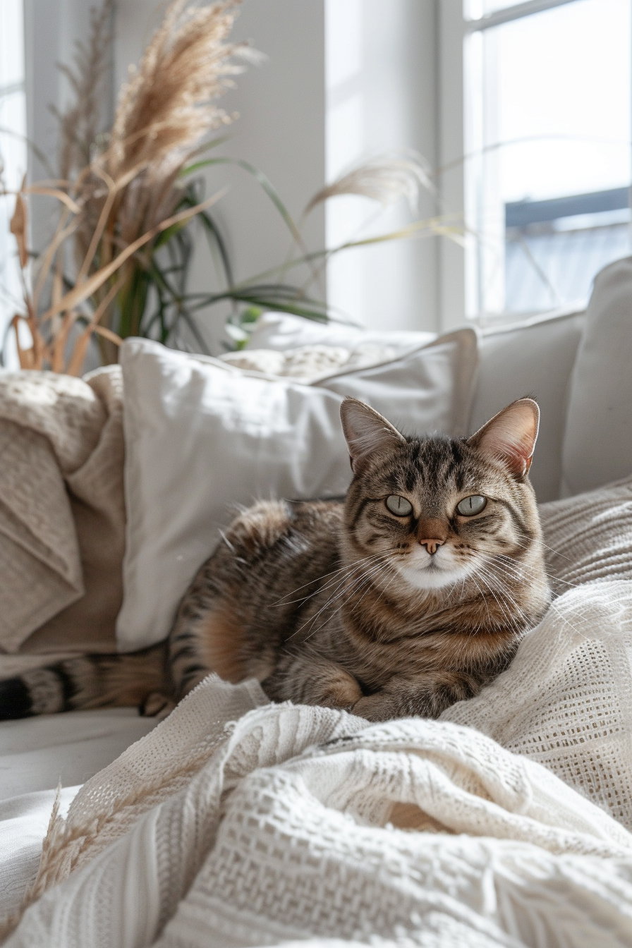 Modern cat decor featuring soft blankets in warm tones