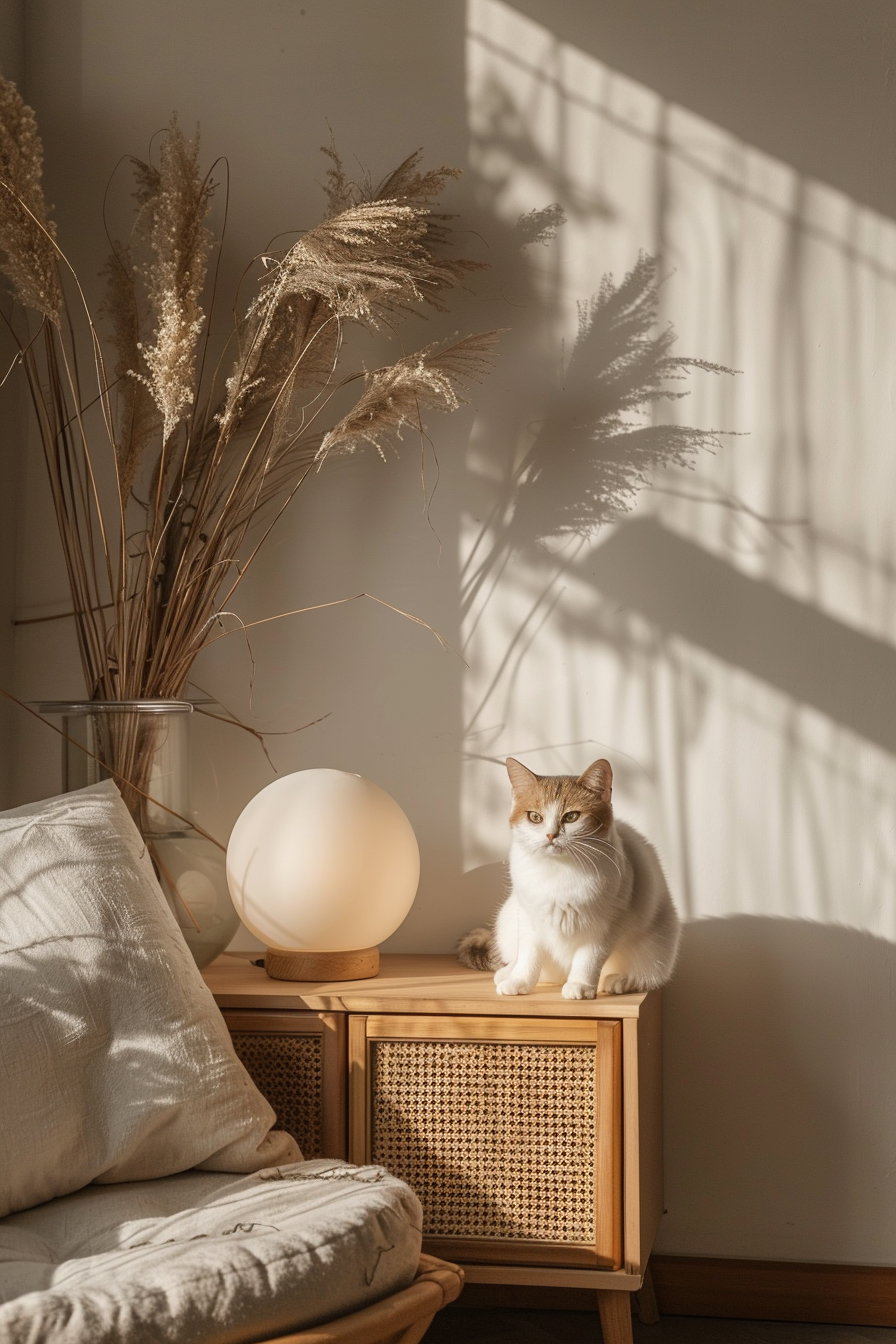 Modern cat decor with warm lighting and minimal furniture