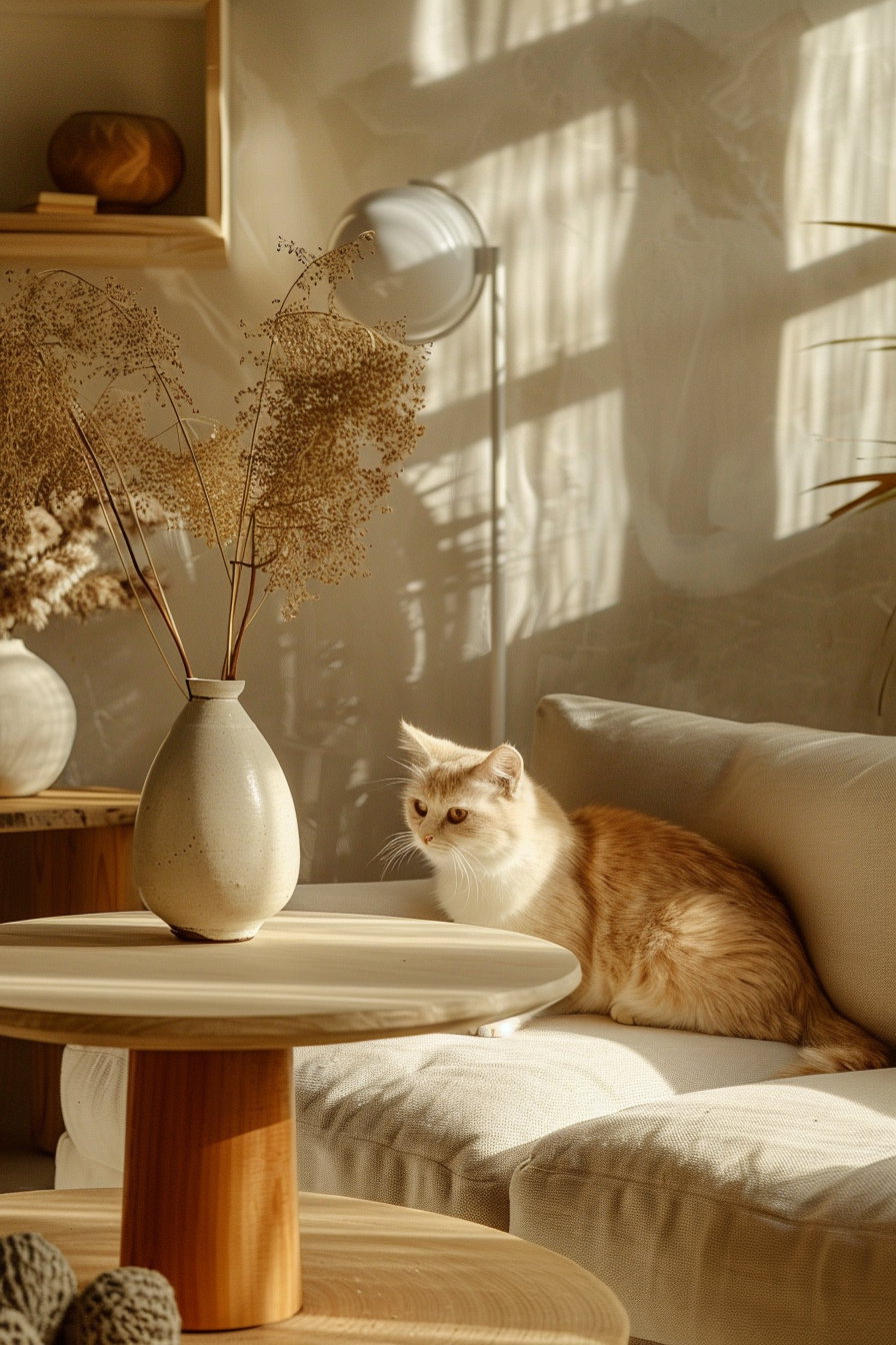 Modern cat decor with warm lighting and soft textures