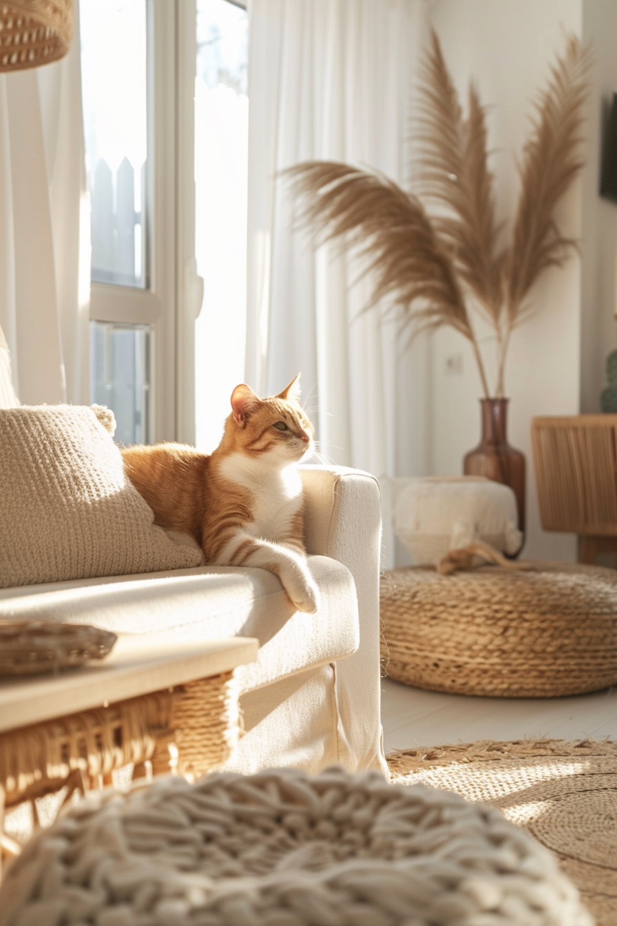 Cozy modern cat decor with warm lighting and soft textures