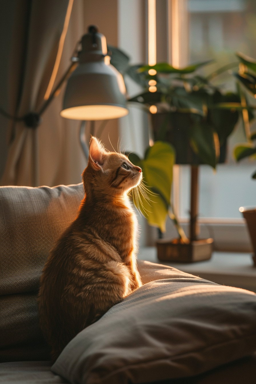 Cozy modern cat decor with warm lighting and soft textures