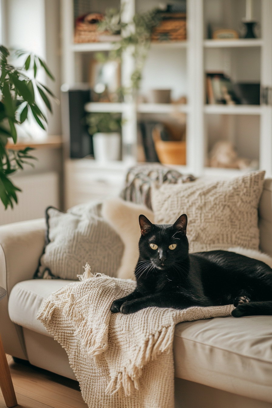 Black cat lounging in a stylish modern living room