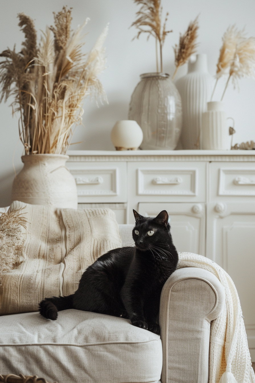 Black cat lounging in cozy modern living room with soft light