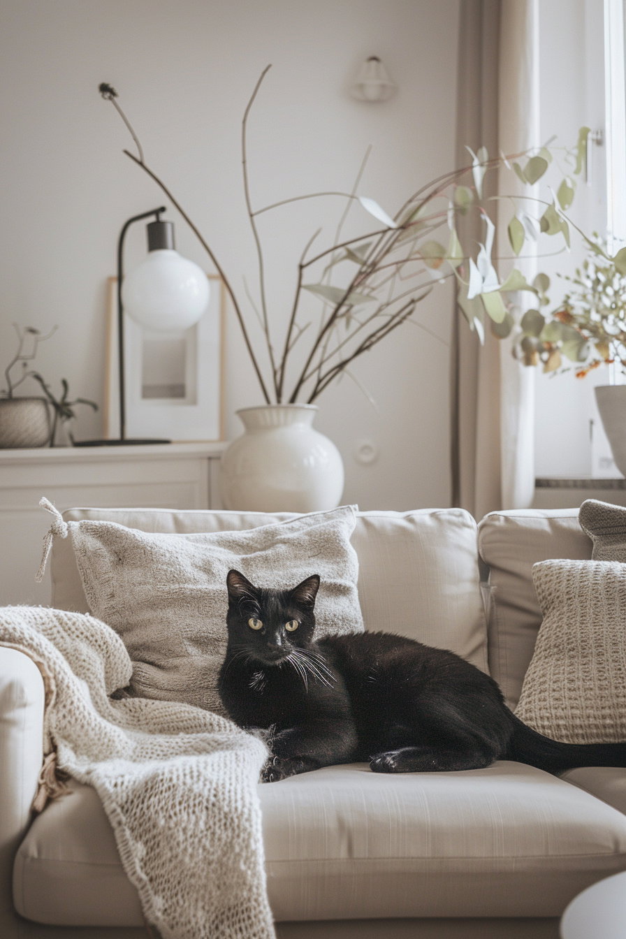 Black cat lounging in stylish modern living room with soft light