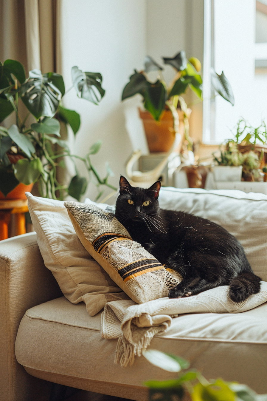 Black cat lounging in a cozy modern living room
