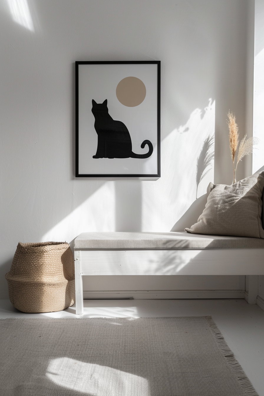 Minimalist cat poster in modern hallway with soft shadows