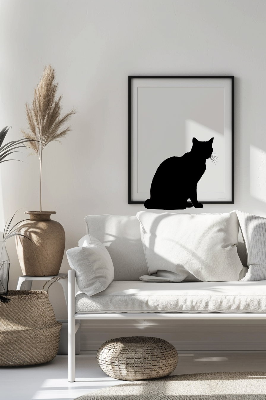 Minimalist cat poster in modern hallway with soft shadows