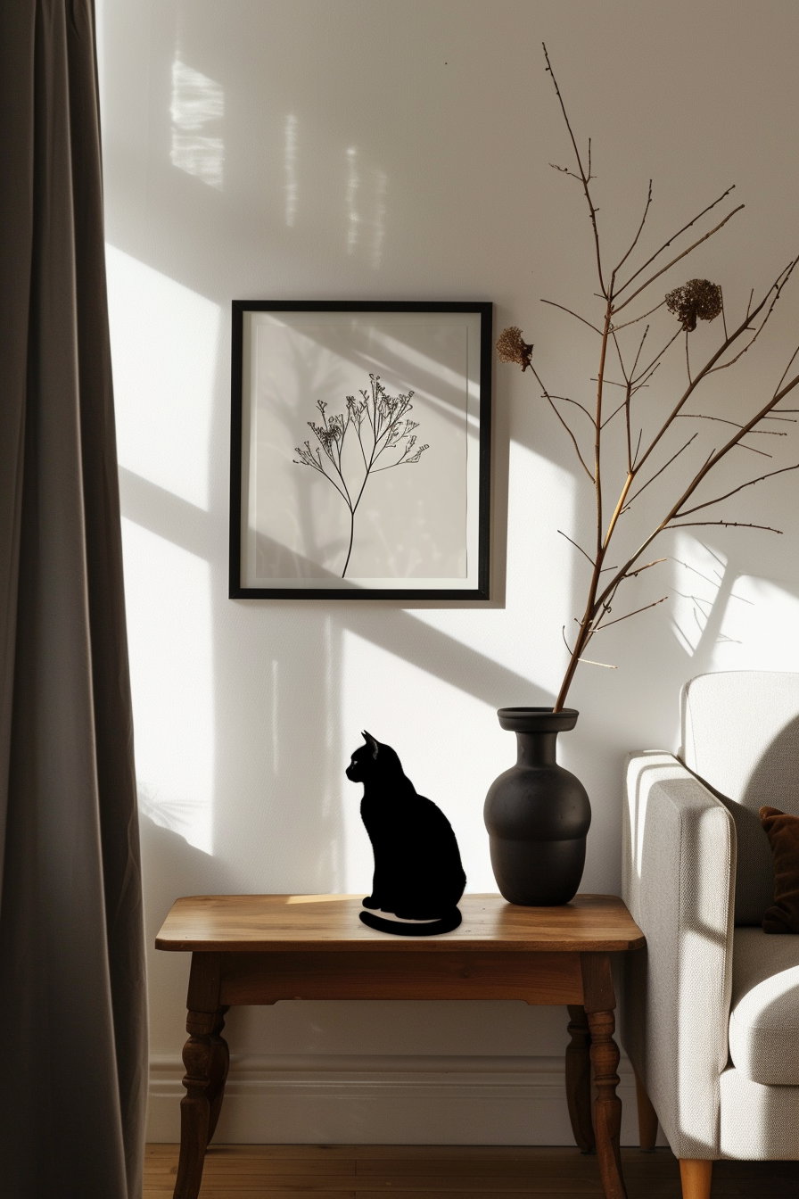 Minimalist cat poster framed in modern hallway with soft shadows