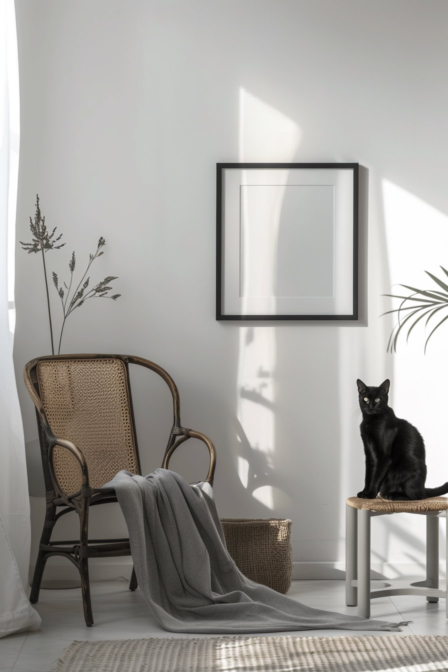 Minimalist cat poster in modern hallway with soft shadows