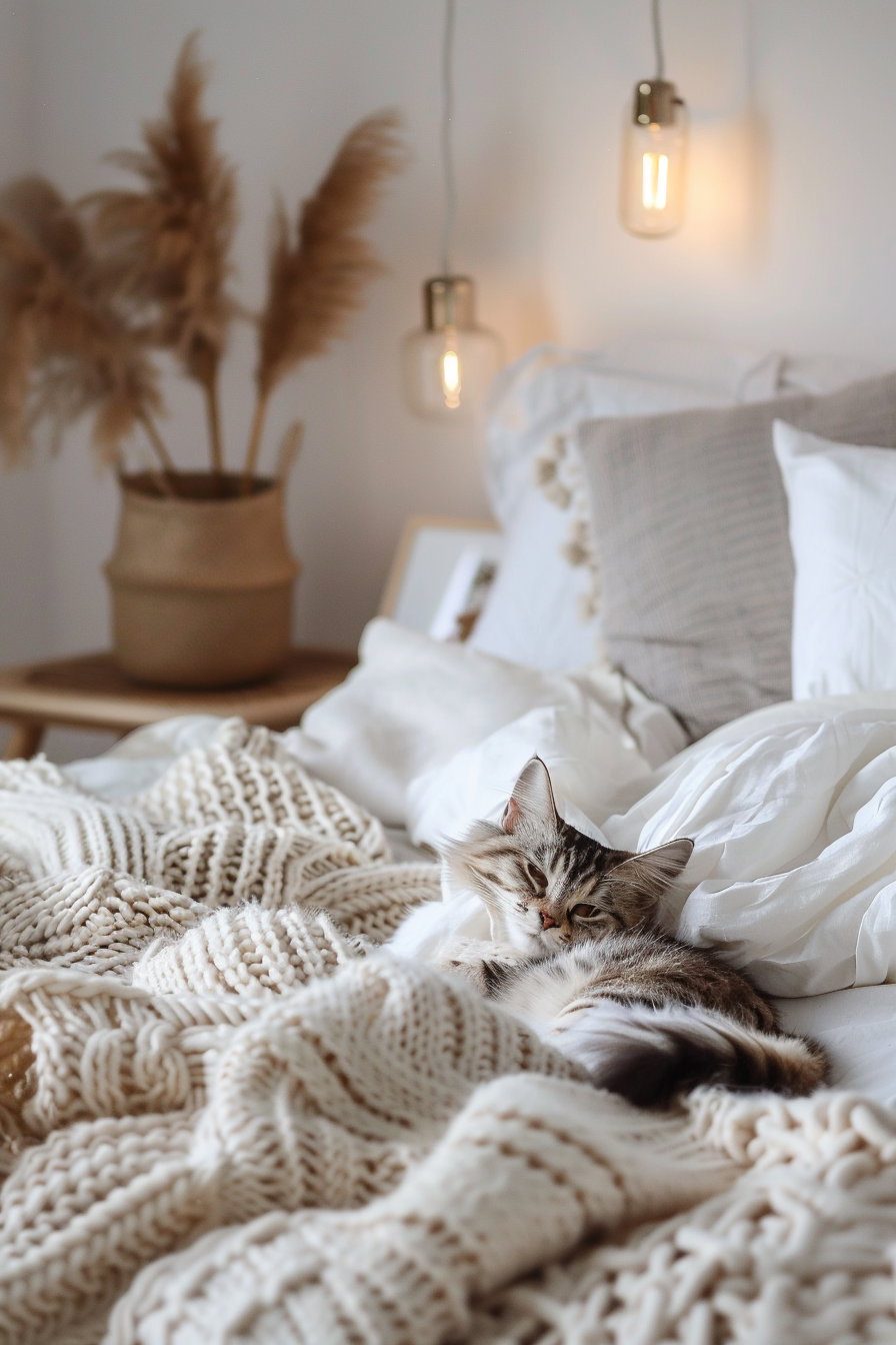 Cozy minimalist cat decor with soft textures and warm lighting